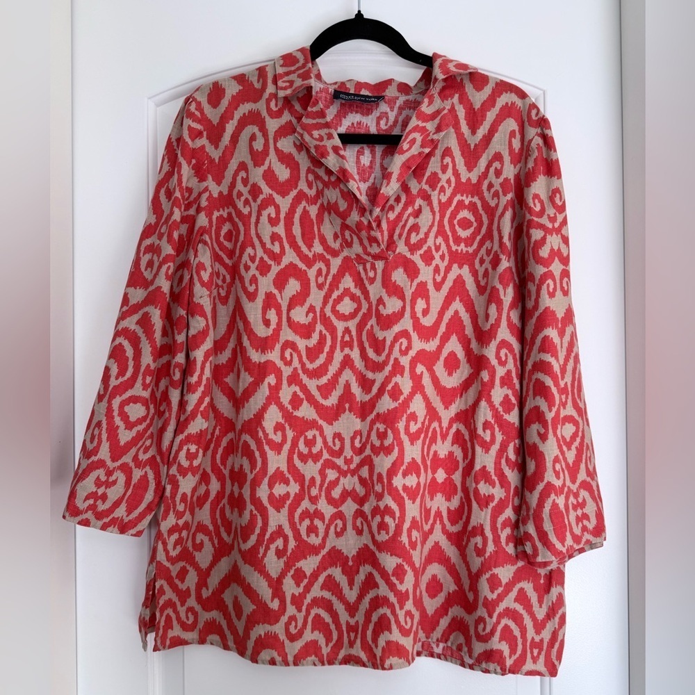 Jones New York 100% Linen Popover Top Size Large Lagenlook Summer Nautical Beach